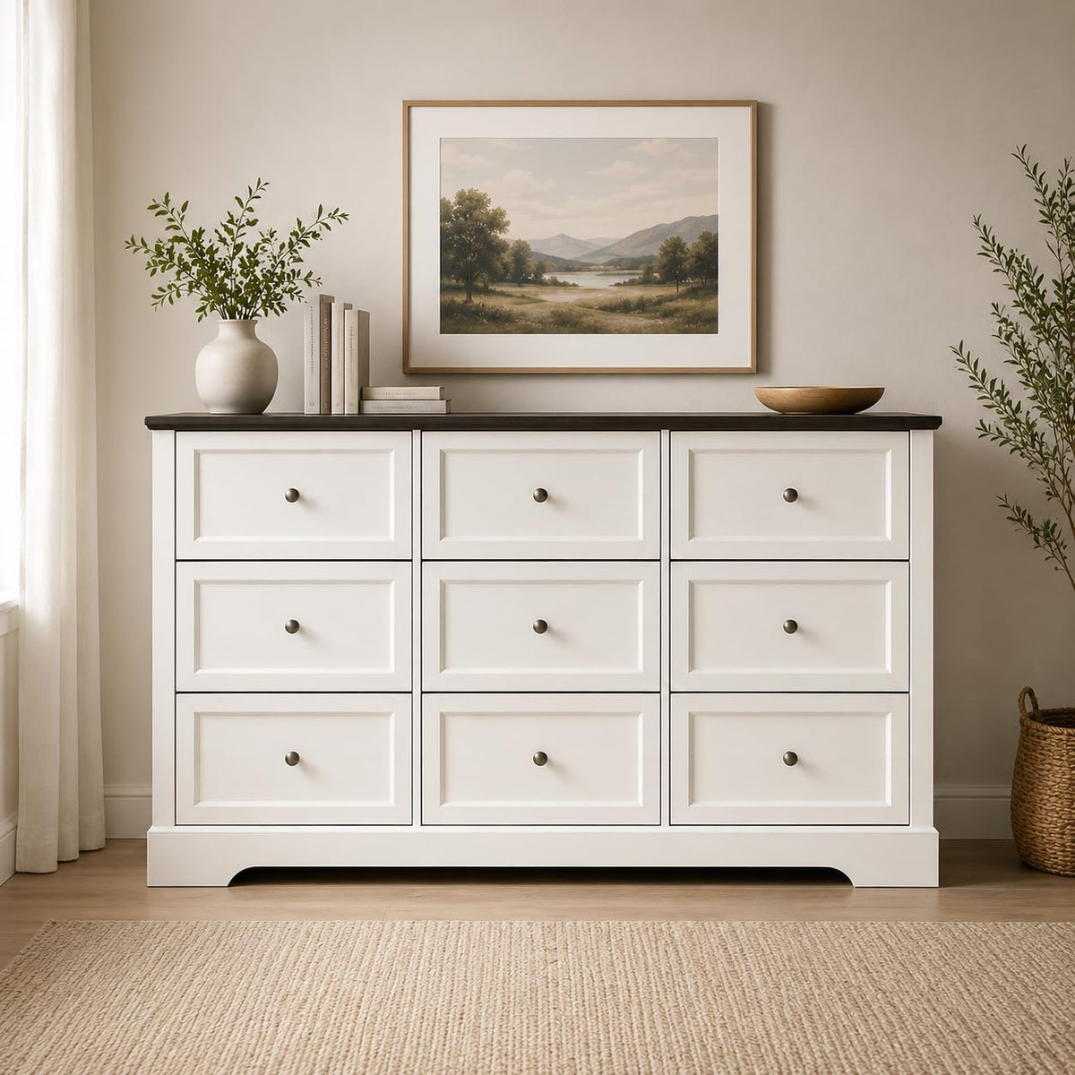 LOUVIXA Farmhouse Dresser 9 Drawer, Bedroom Chest of Drawers, Dressers with 9 Drawers, Wooden Dressers for Bedroom, Living Room, Tv Stand, Entryway(Rustic Yellow)