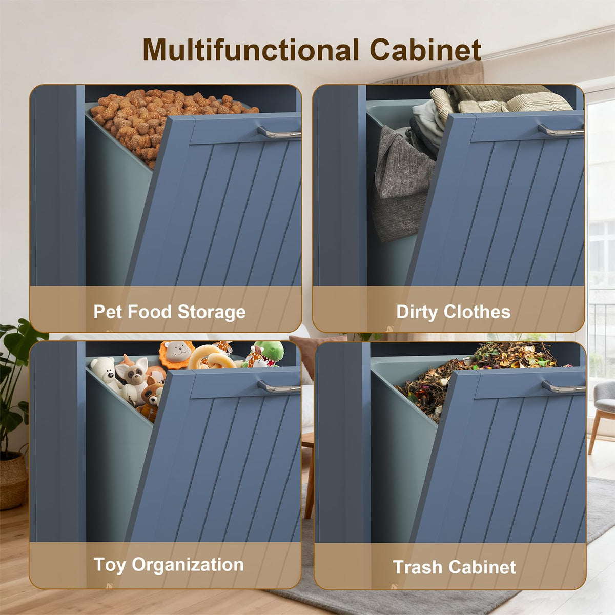 LOUVIXA Tilt Out Trash Can Cabinet Dog Proof with Double Wood Hidden Trash Can Holder, Kitchen Free Standing Recycling Cabinet（Black）