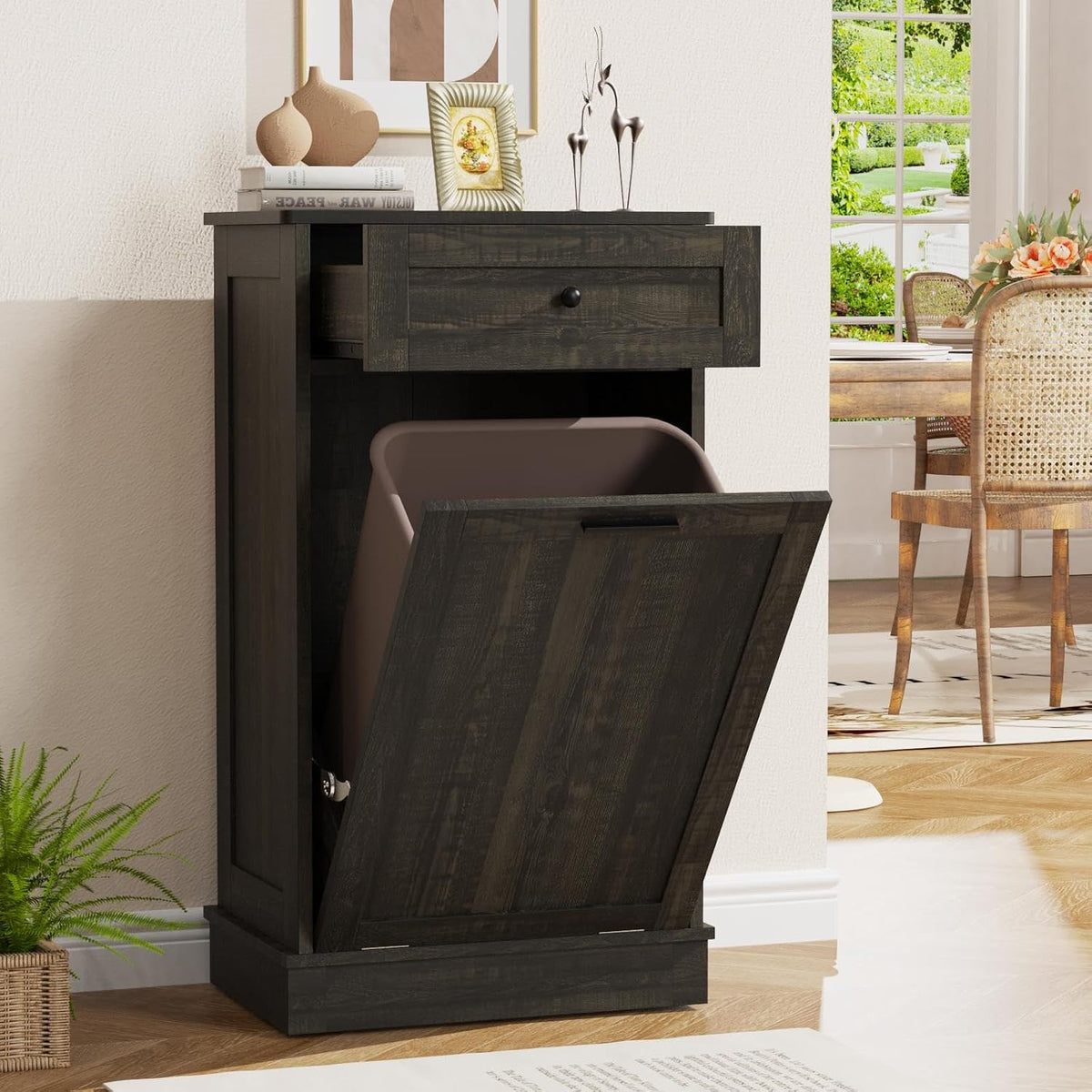 LOUVIXA Tilt Out Trash Cabinet, Dog Proof Trash Can Holder Without Trashbin (Smoky Brown)