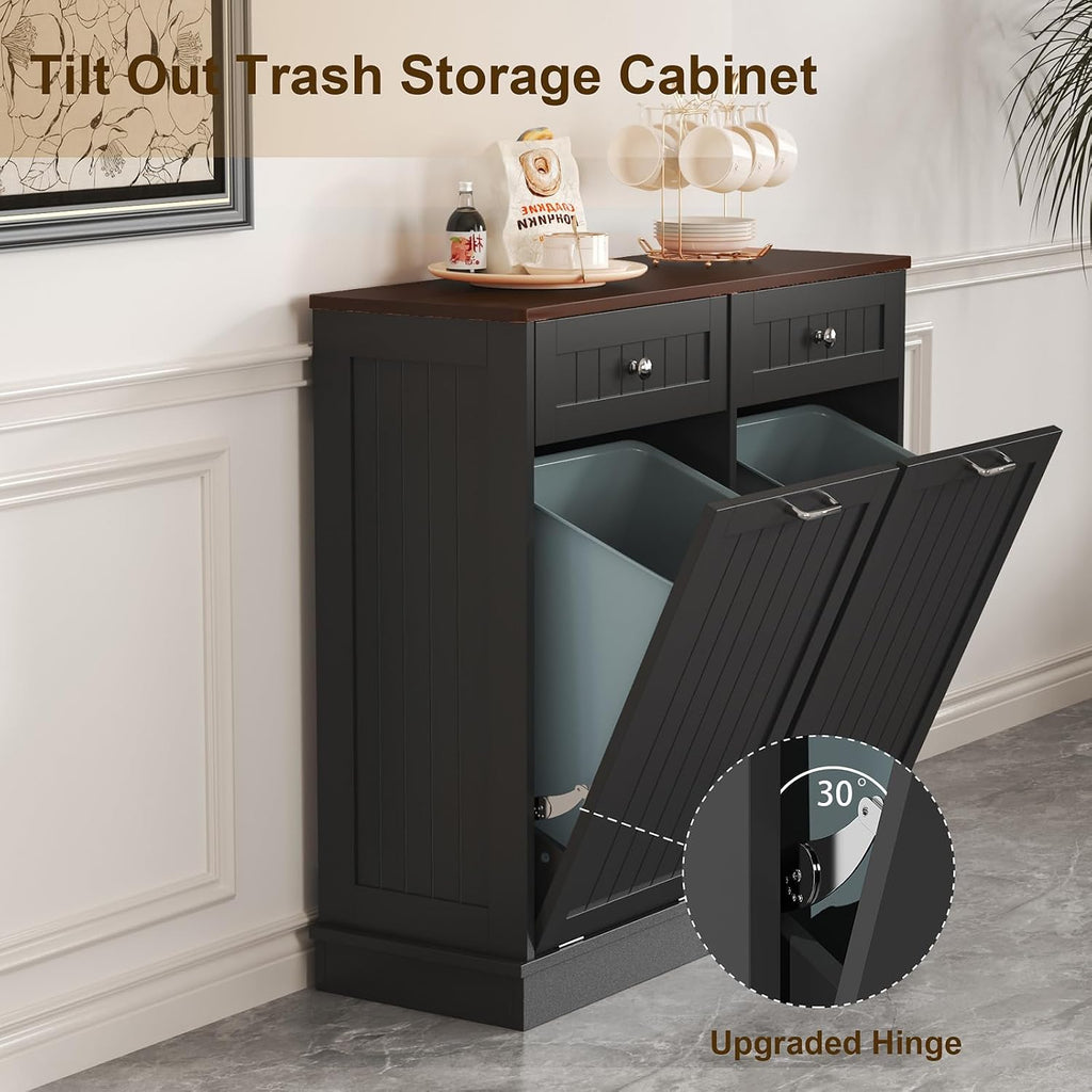 LOUVIXA Tilt Out Trash Can Cabinet Dog Proof with Double Wood Hidden Trash Can Holder, Kitchen Free Standing Recycling Cabinet（Black）