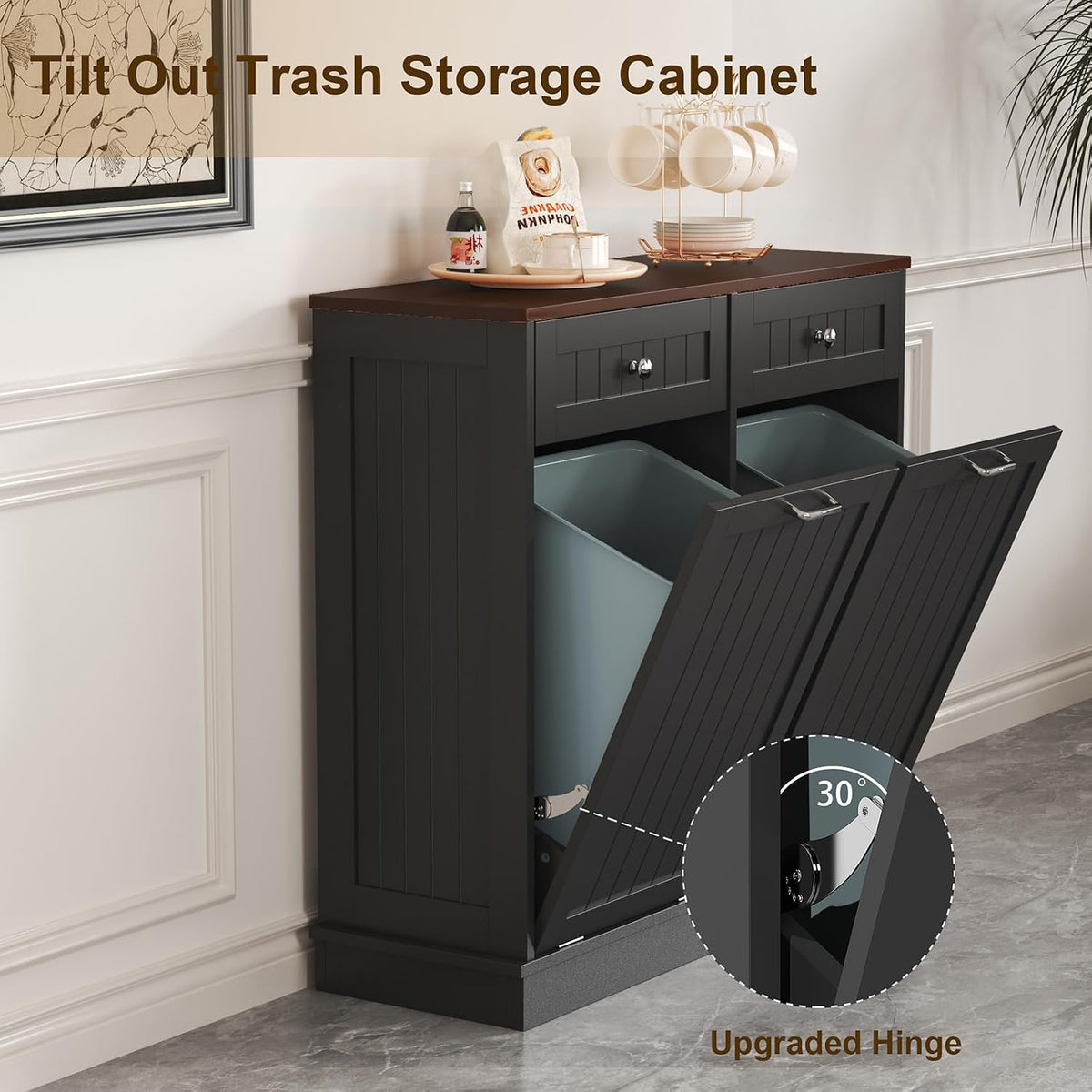 LOUVIXA Tilt Out Trash Can Cabinet Dog Proof with Double Wood Hidden Trash Can Holder, Kitchen Free Standing Recycling Cabinet（Black）