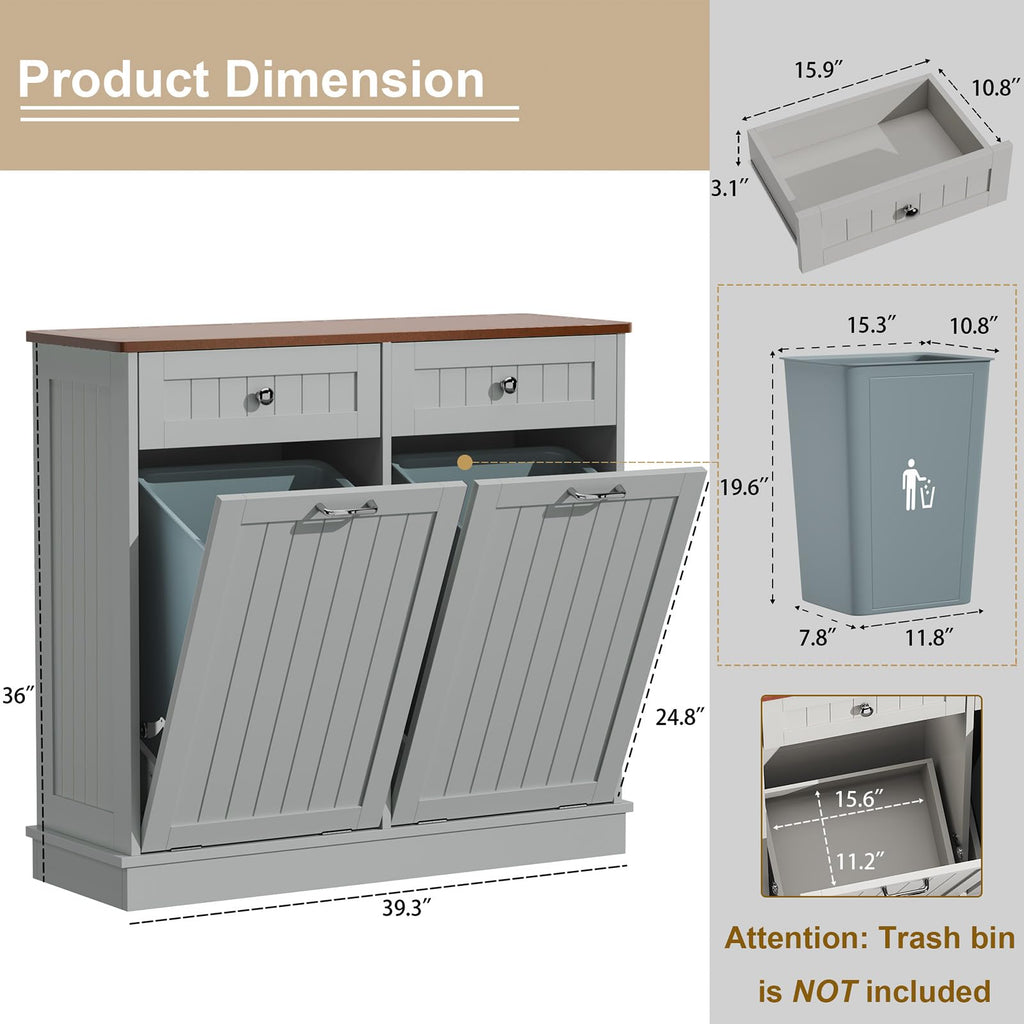LOUVIXA Tilt Out Trash Can Cabinet Dog Proof with Double Wood Hidden Trash Can Holder, Kitchen Free Standing Recycling Cabinet（Black）