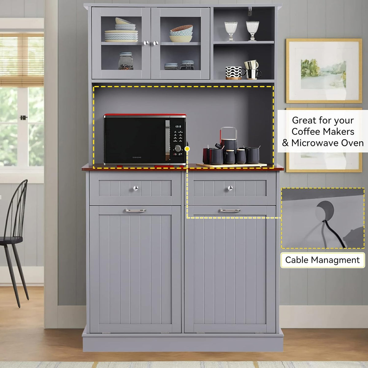 LOUVIXA 68.4" Kitchen Pantry Storage Cabinet, Freestanding Cupboard with Shelf, 2 Drawers and 1 Tilt Out Trash Cabinet, Tall Cabinets for Kitchen, Dinning Room, Living Room (White, Double Tilt)
