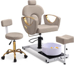 LOUVIXA Pedicure Station No Plumbing, Hydraulic Pedicure Chair for Nail Tech, Height Adjustable Reclining Pedicure Station Unit, 360 Degree Swivel Foot Spa Chair with Massage Foot Bath (Grey-Golden)