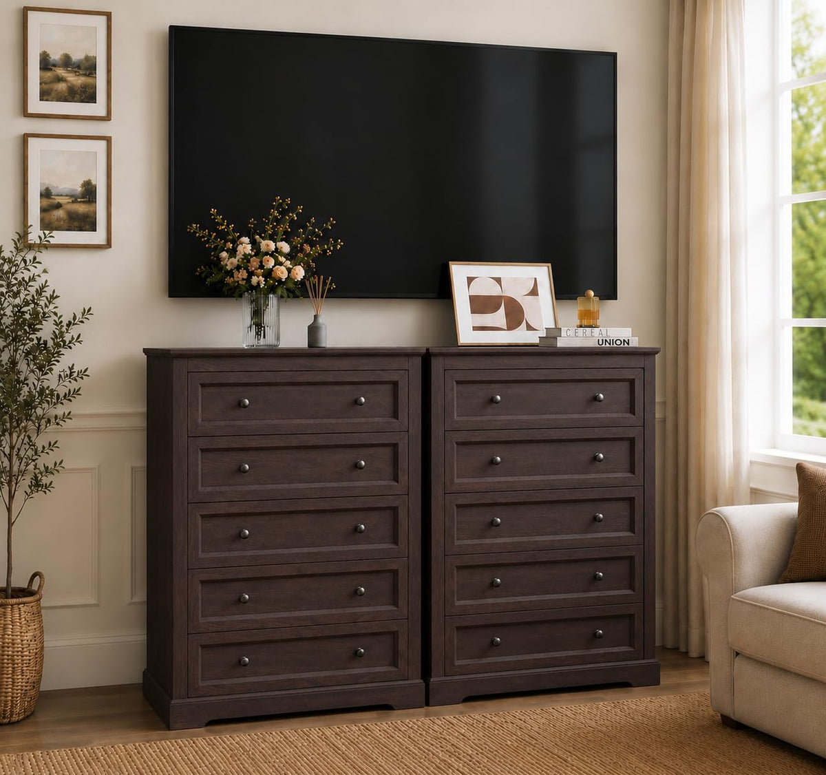 LOUVIXA Farmhouse Dresser 9 Drawer, Bedroom Chest of Drawers, Dressers with 9 Drawers, Wooden Dressers for Bedroom, Living Room, Tv Stand, Entryway(Rustic Yellow)