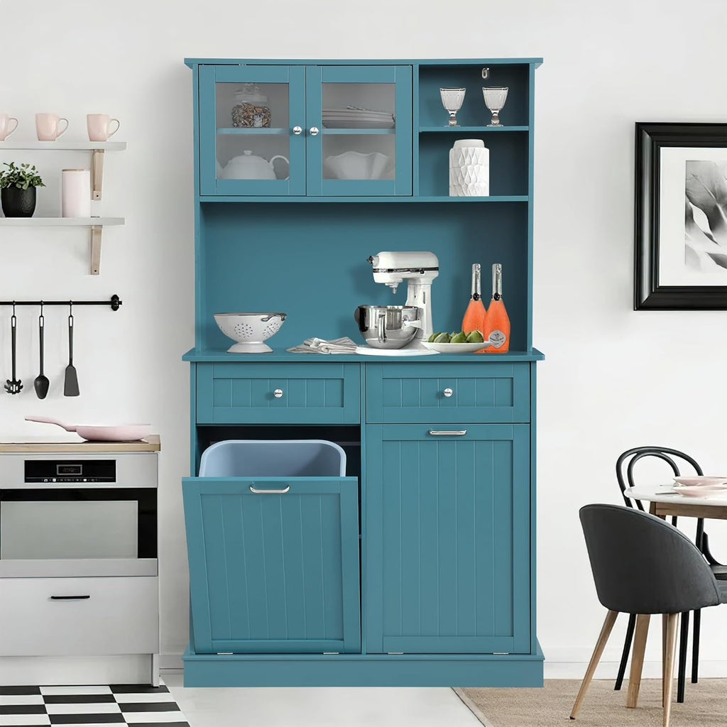 LOUVIXA 68.4" Kitchen Pantry Storage Cabinet, Freestanding Cupboard with Shelf, 2 Drawers and 1 Tilt Out Trash Cabinet, Tall Cabinets for Kitchen, Dinning Room, Living Room (White, Double Tilt)