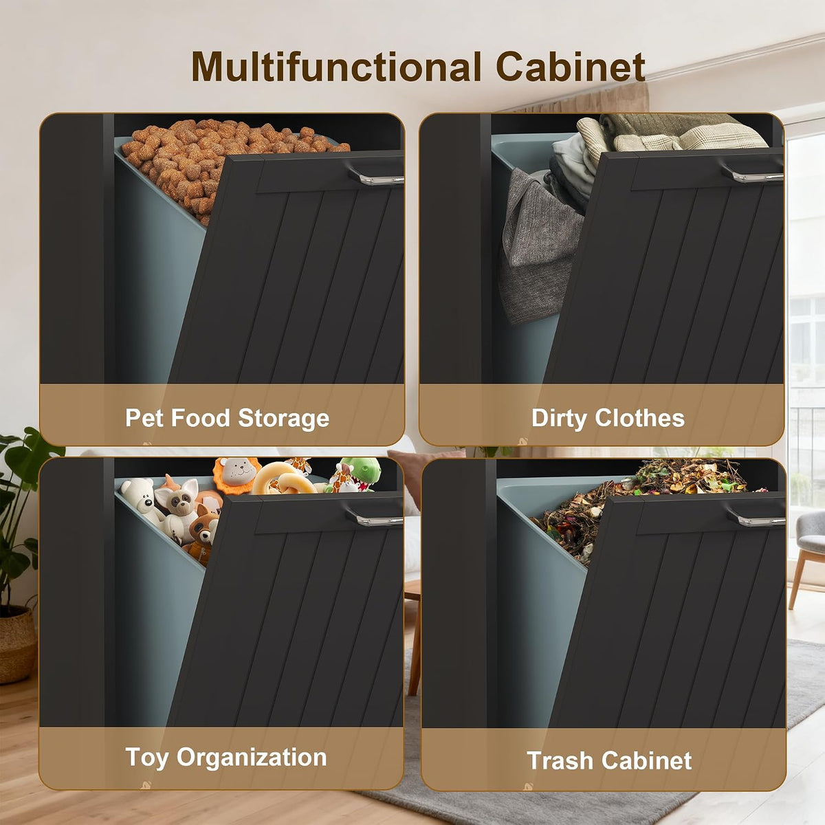 LOUVIXA Tilt Out Trash Can Cabinet Dog Proof with Double Wood Hidden Trash Can Holder, Kitchen Free Standing Recycling Cabinet（Black）