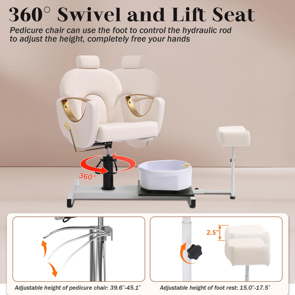 LOUVIXA Pedicure Station No Plumbing, Hydraulic Pedicure Chair for Nail Tech, Height Adjustable Reclining Pedicure Station Unit, with Massage Foot Bath (Cream White-Pillow)