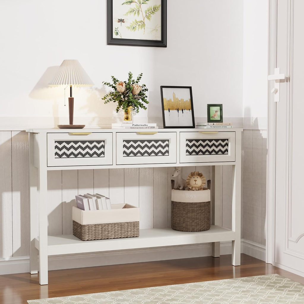 LOUVIXA Boho Entryway Table, Rattan Console Table, Wood Entryway Console, Long Hallway Table with 3 Drawers & Open Shelf for Living Room, Hallway, Corridor, Foyer (White)