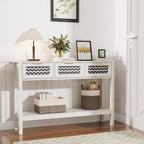 LOUVIXA Boho Entryway Table, Rattan Console Table, Wood Entryway Console, Long Hallway Table with 3 Drawers & Open Shelf for Living Room, Hallway, Corridor, Foyer (White)