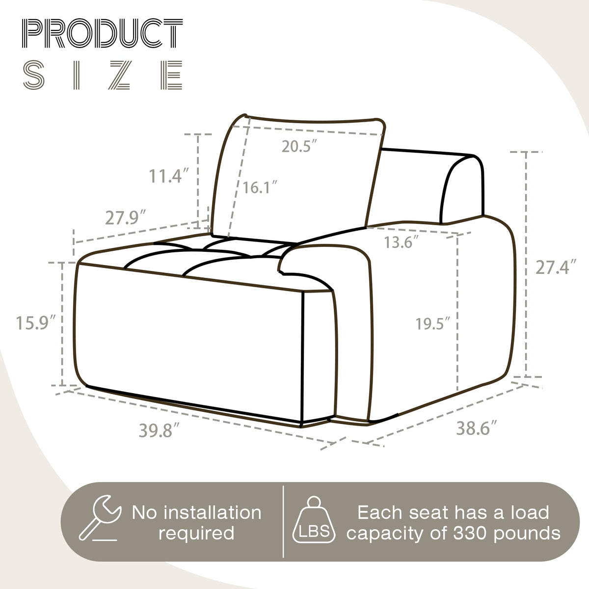 Modular Sectional Sofa, Boneless Couches for Living Room, Corduroy Couch, Big Comfy Couch, Modular Cloud Sofa with Deep Seat (Grey, 2 Pieces-Loveseat)