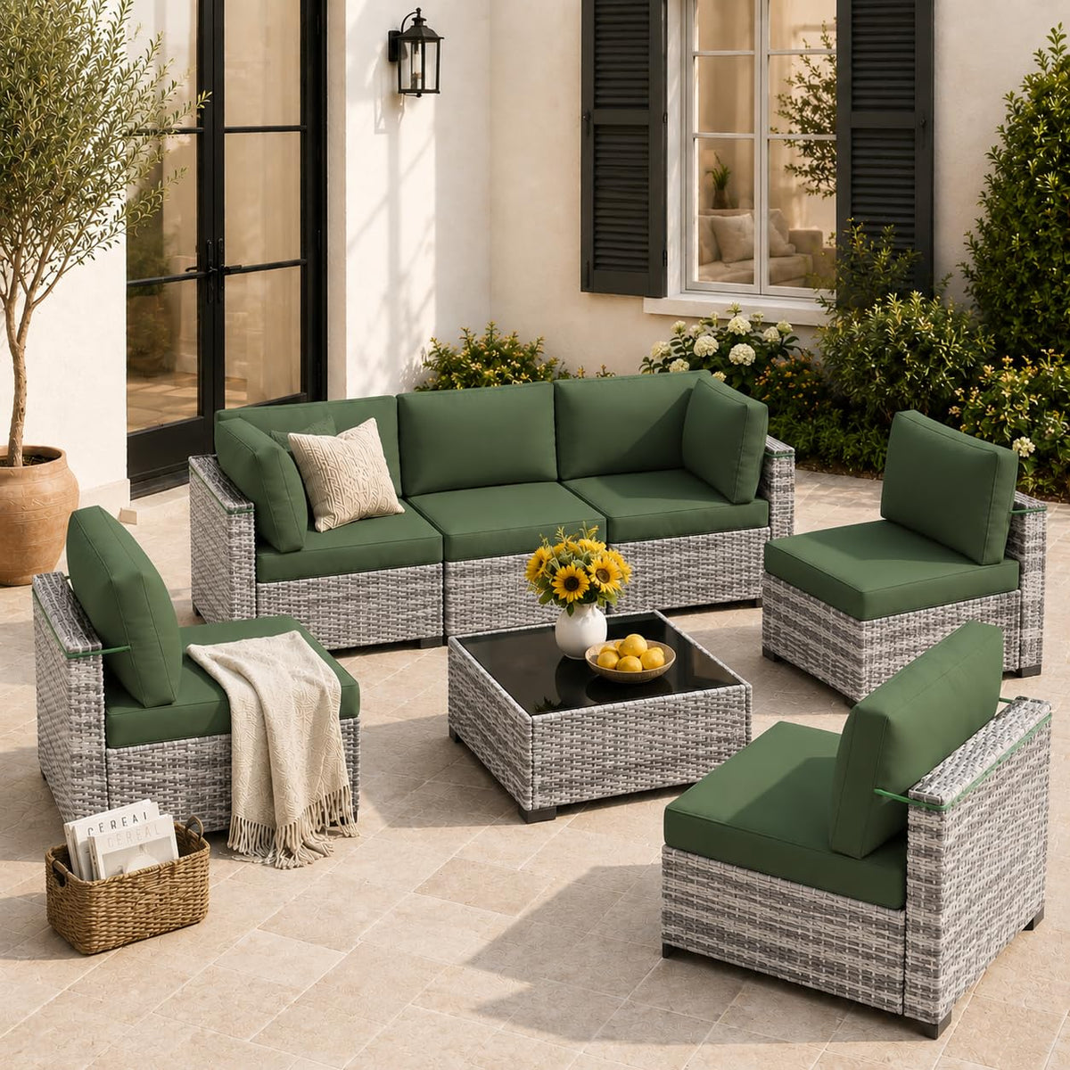 LOUVIXA 7 Piece Outdoor Patio Furniture Set, Rattan Chairs Glass Table Wicker Conversation Seating Sectional Sofa with Cushions (Brown-Camel, 7Pcs-2 Layer Coffee Table)