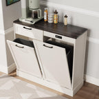 LOUVIXA Double Tilt Out Trash Cabinet, Kitchen Island with Trash Storage, Trashcan Cabinet for Kitchens, Wood Cabinet with Trash Can Pull Out, Dog Proof Trash Can (Off White, 20 Gal)