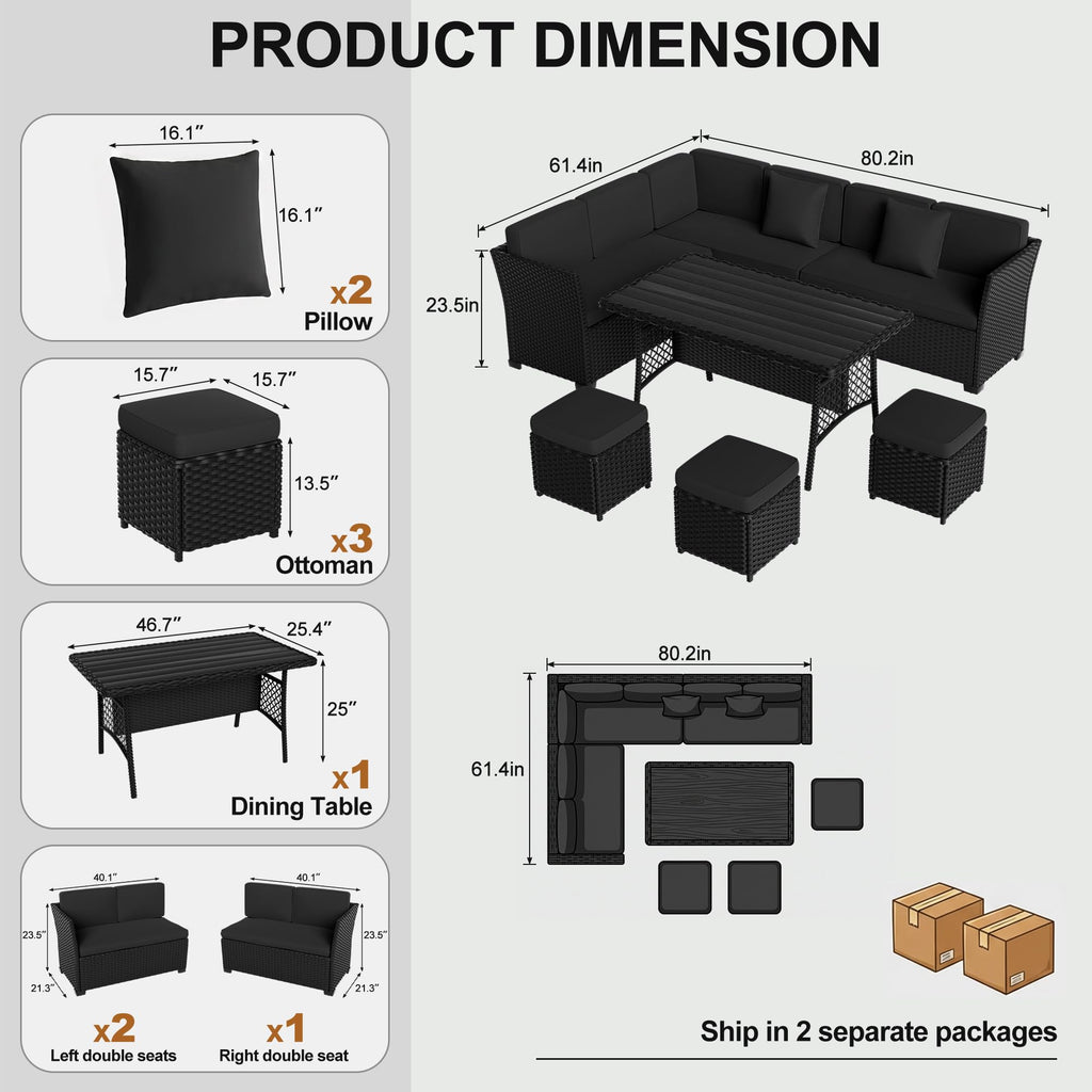 LOUVIXA 7 Pieces Patio Furniture Set, Outdoor Patio Furniture, Wicker Conversation Set with Dining Table, Chairs and Ottoman (6237 Grey-Brown)