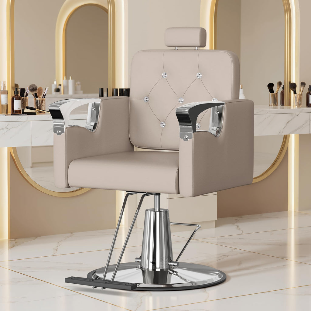 LOUVIXA Barber Chair Reclining, Salon Chairs for Hair Stylist, Height Adjustable Salon Styling Chair, Heavy Duty Barber Chairs, 360 Swivel Barbershop Chair (Rosa-Sliver, 330LBS)