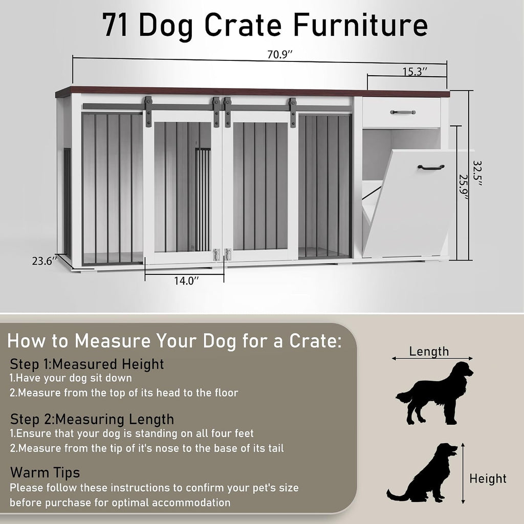 71" Large Dog Crate Furniture for 2 Dogs, Wooden Dog Kennel with Drawer, Furniture Style Dog Crates, Decorative Dog Crate with Tilt Out Trash Cabinet, Divider and Sliding Barn Door (White)