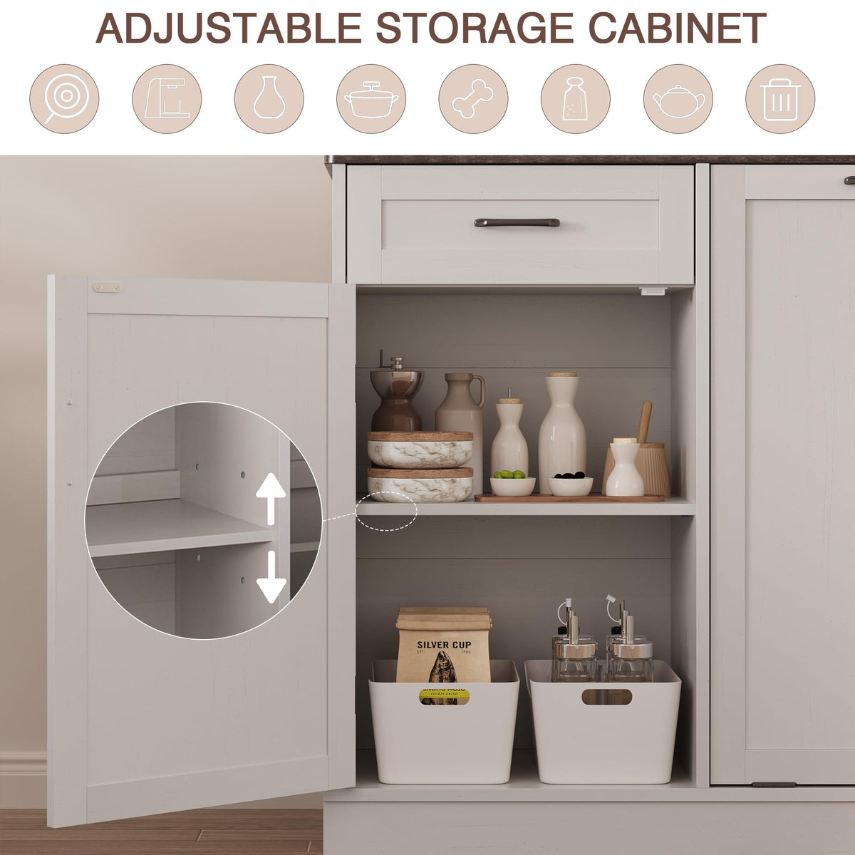LOUVIXA Double Tilt Out Trash Cabinet, Kitchen Island with Trash Storage, Trashcan Cabinet for Kitchens, Wood Cabinet with Trash Can Pull Out, Dog Proof Trash Can (Off White, 20 Gal)