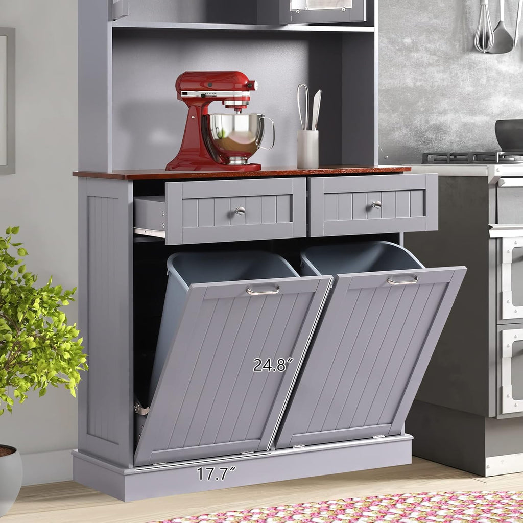 LOUVIXA 68.4" Kitchen Pantry Storage Cabinet, Freestanding Cupboard with Shelf, 2 Drawers and 1 Tilt Out Trash Cabinet, Tall Cabinets for Kitchen, Dinning Room, Living Room (White, Double Tilt)
