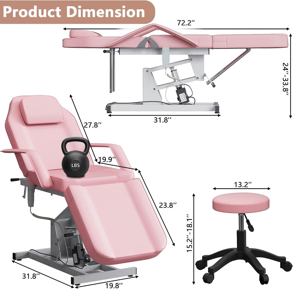 LOUVIXA Electric Height Adjustable Tattoo Bed, Electric Lift Massage Table, Multi-Purpose Massage Tattoo Lash Waxing Table for Beauty Barber Spa, Height Backrest Footrest Adjustable (Pink)