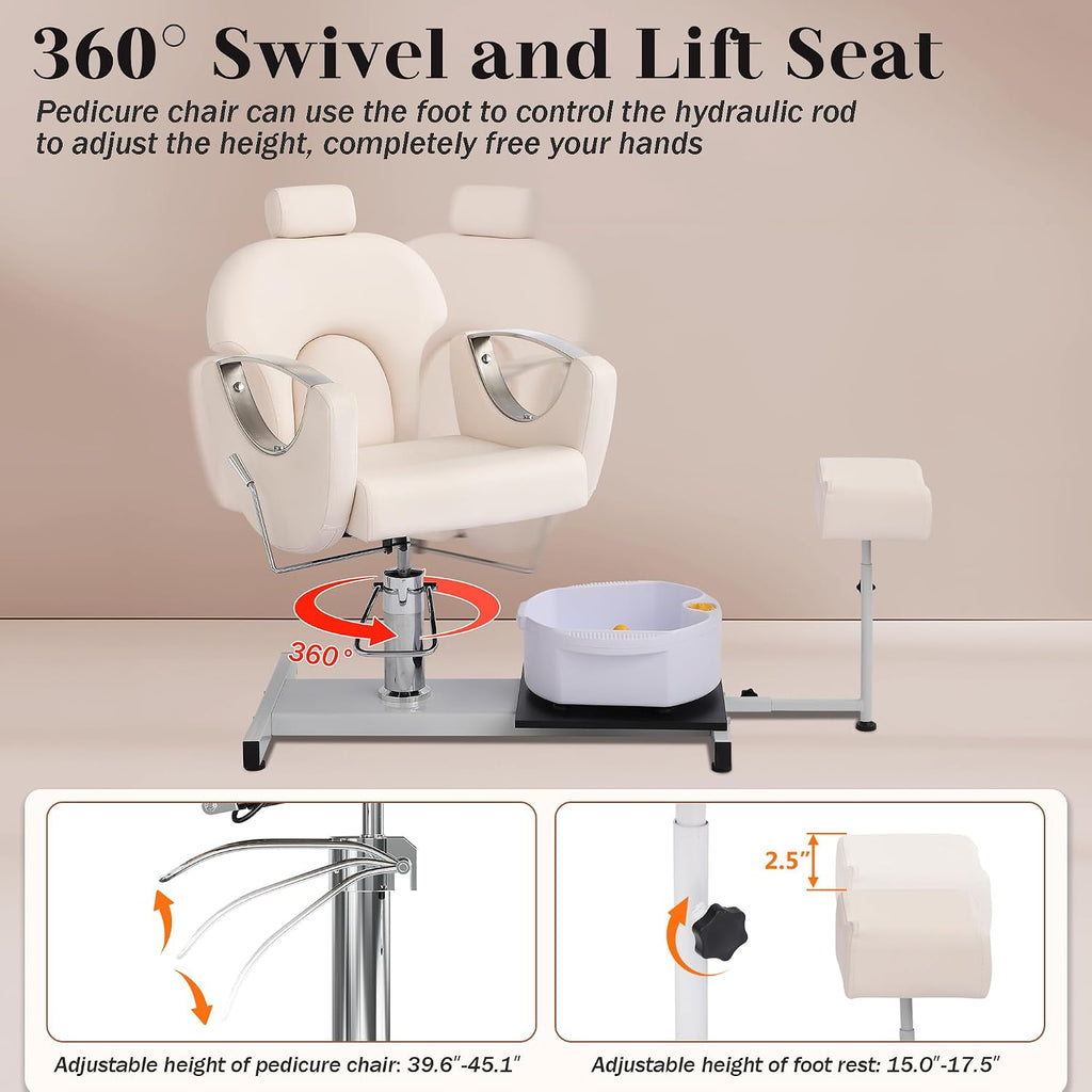 LOUVIXA Pedicure Station No Plumbing, Hydraulic Pedicure Chair for Nail Tech, Height Adjustable Reclining Pedicure Station Unit, with Massage Foot Bath (Cream White-Pillow)