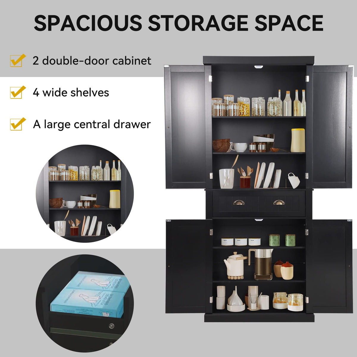 LOUVIXA 72" Kitchen Pantry Storage Cabinet, Freestanding Cupboard with 2 Cabinets, Drawer and Adjustable Shelves, Tall Storage Cabinet for Kitchen, Dinning Room, Living Room (White)