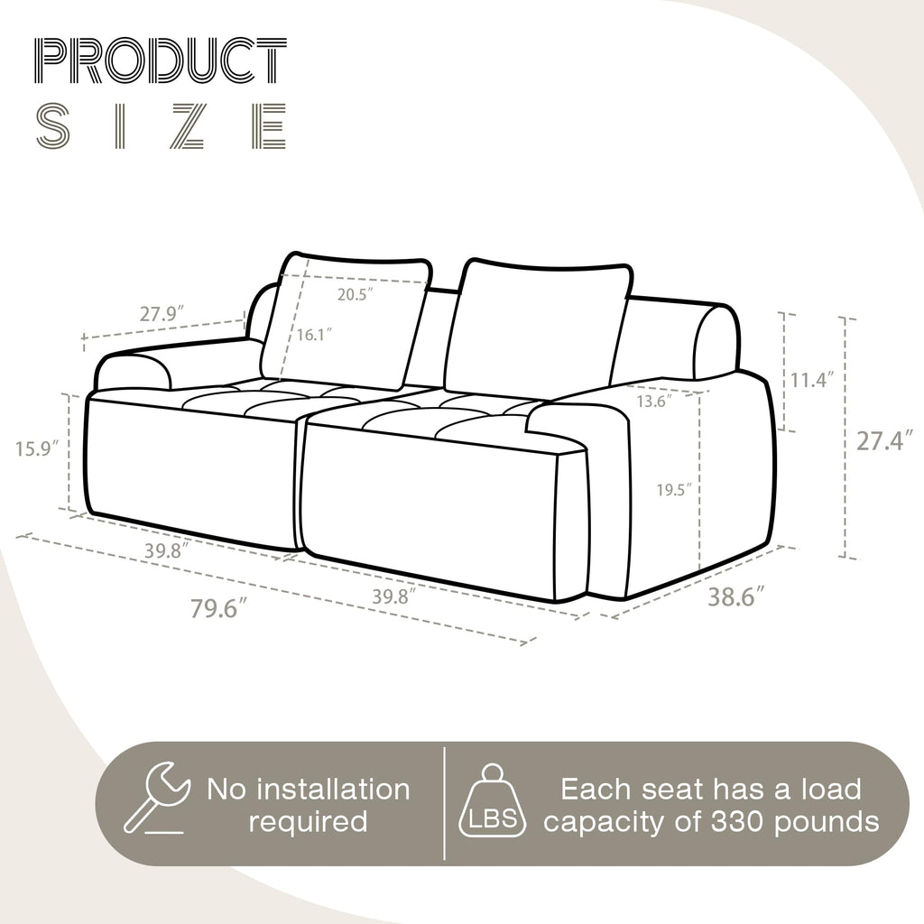 Modular Sectional Sofa, Boneless Couches for Living Room, Corduroy Couch, Big Comfy Couch, Modular Cloud Sofa with Deep Seat (Grey, 2 Pieces-Loveseat)