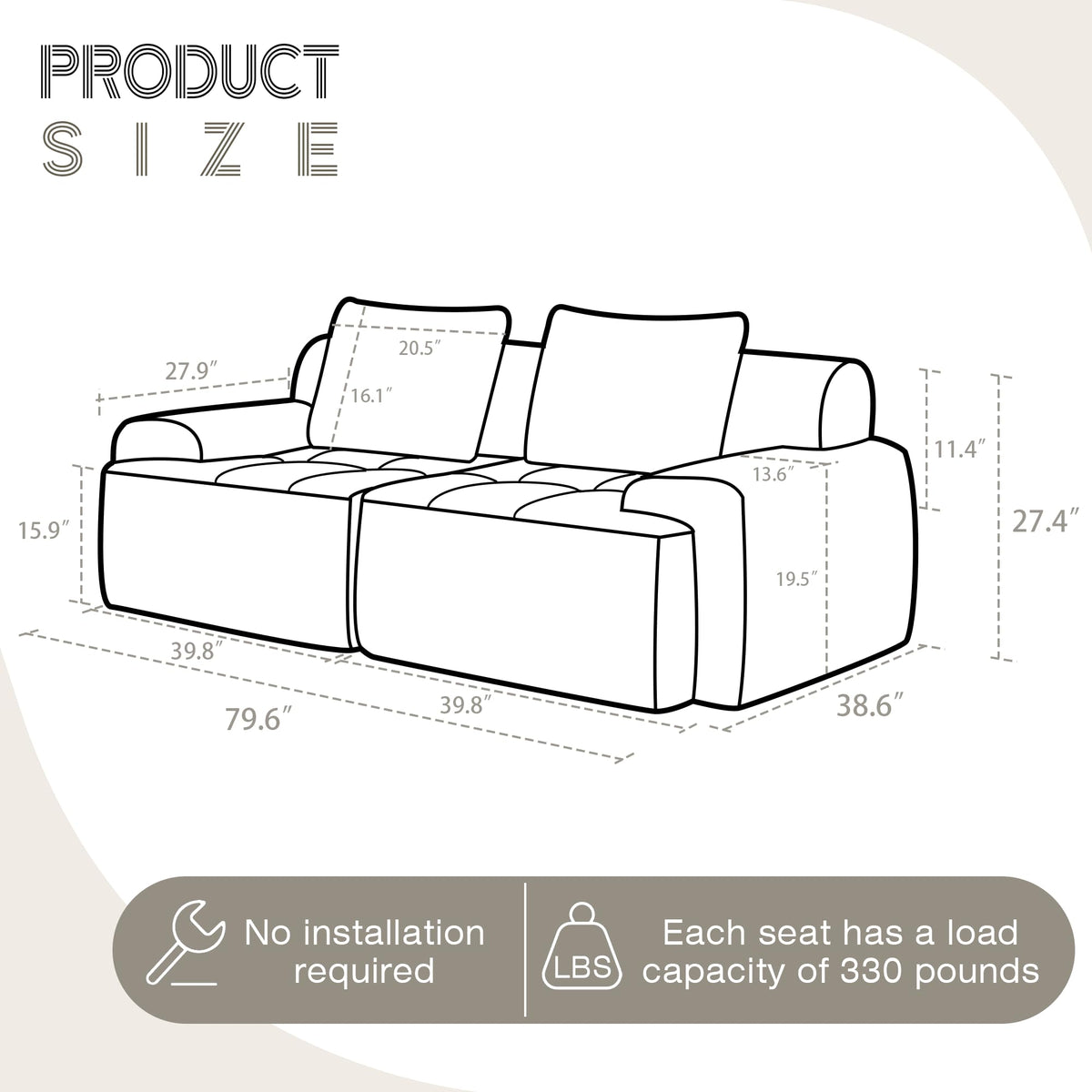 Modular Sectional Sofa, Boneless Couches for Living Room, Corduroy Couch, Big Comfy Couch, Modular Cloud Sofa with Deep Seat (Grey, 2 Pieces-Loveseat)