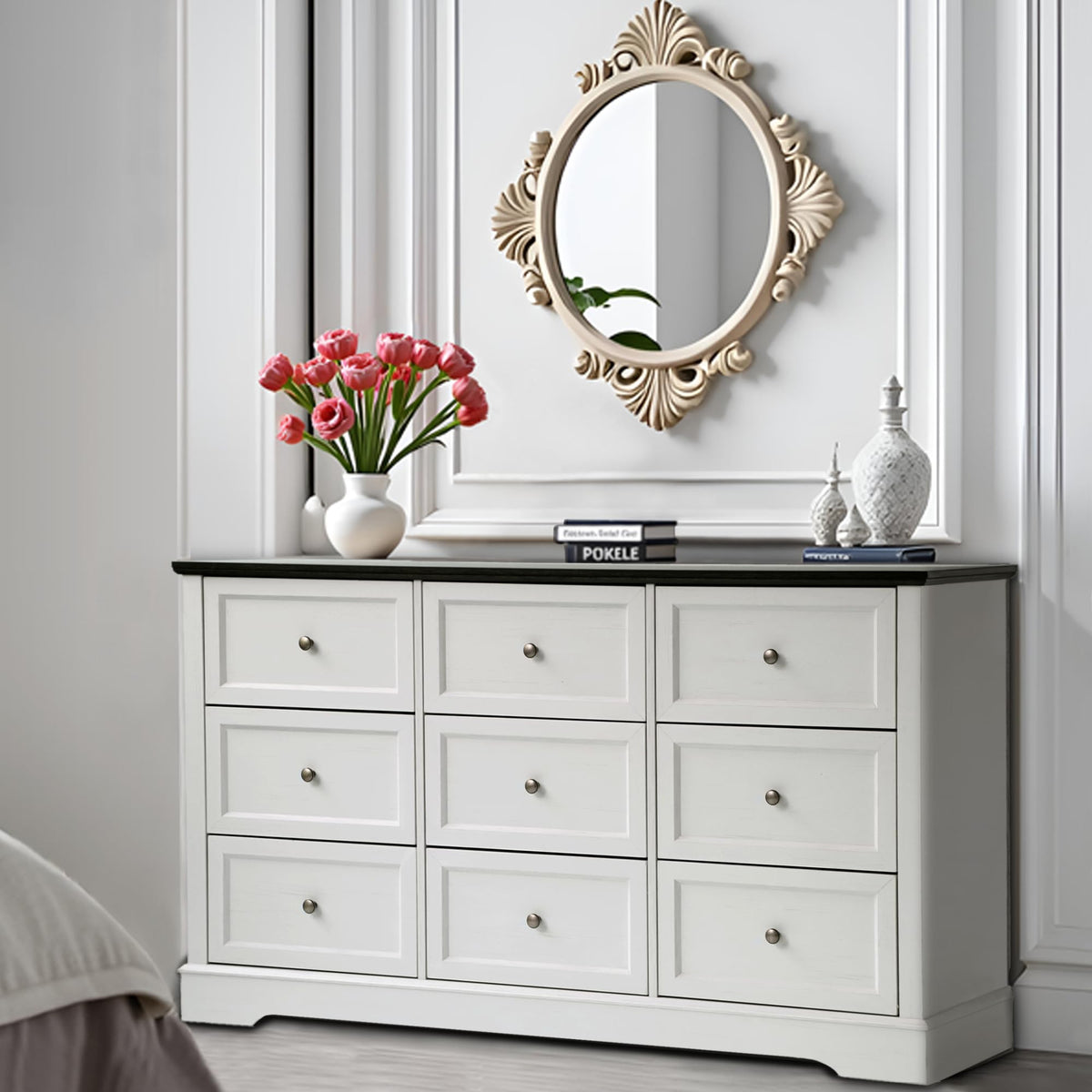 LOUVIXA Farmhouse Bedroom Sets of 3, Including 9 Drawer Dresser, Nightstand Set of 2 with Charging Station (Grey Sets)