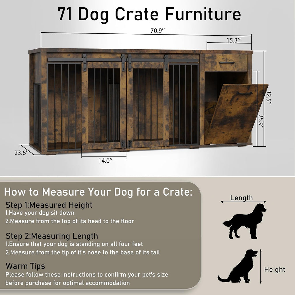 71" Large Dog Crate Furniture for 2 Dogs, Wood Dog Kennel with Drawer, Furniture Style Dog Crates, Decorative Dog Crate with Tilt Out Trash Cabinet, Divider and Sliding Barn Door (Retro Bright Brown)