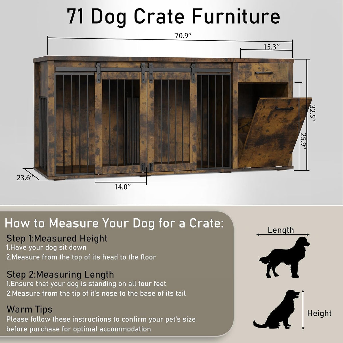 71" Large Dog Crate Furniture for 2 Dogs, Wood Dog Kennel with Drawer, Furniture Style Dog Crates, Decorative Dog Crate with Tilt Out Trash Cabinet, Divider and Sliding Barn Door (Retro Bright Brown)