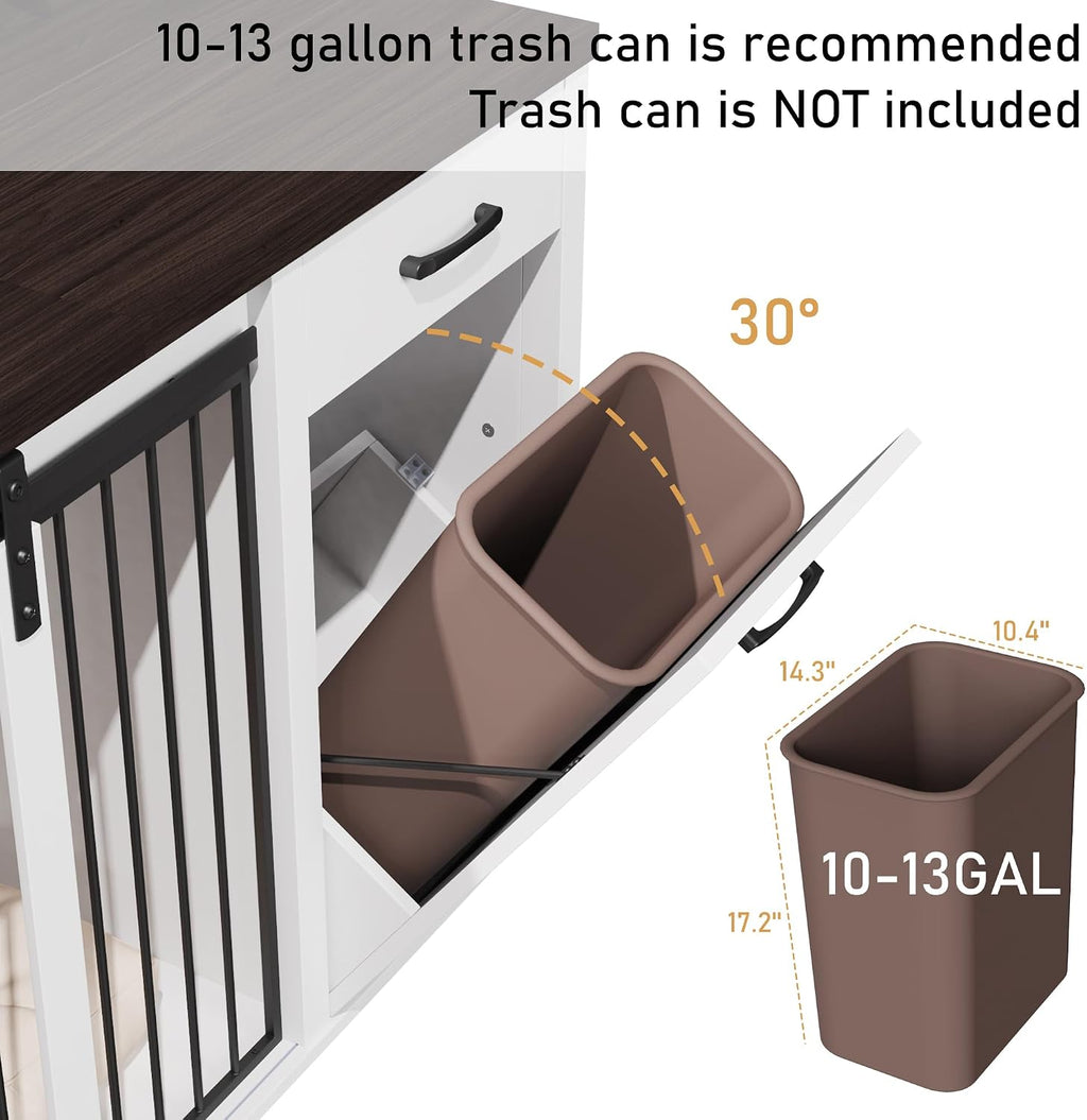 71" Large Dog Crate Furniture for 2 Dogs, Wooden Dog Kennel with Drawer, Furniture Style Dog Crates, Decorative Dog Crate with Tilt Out Trash Cabinet, Divider and Sliding Barn Door (White)