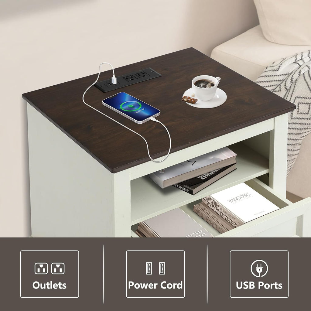 LOUVIXA Nightstand with Charging Station, Farmhouse Night Stand with 2 Drawers, Bedside Cabinet for Bedroom, End Table Side Table with Storage (1, White)
