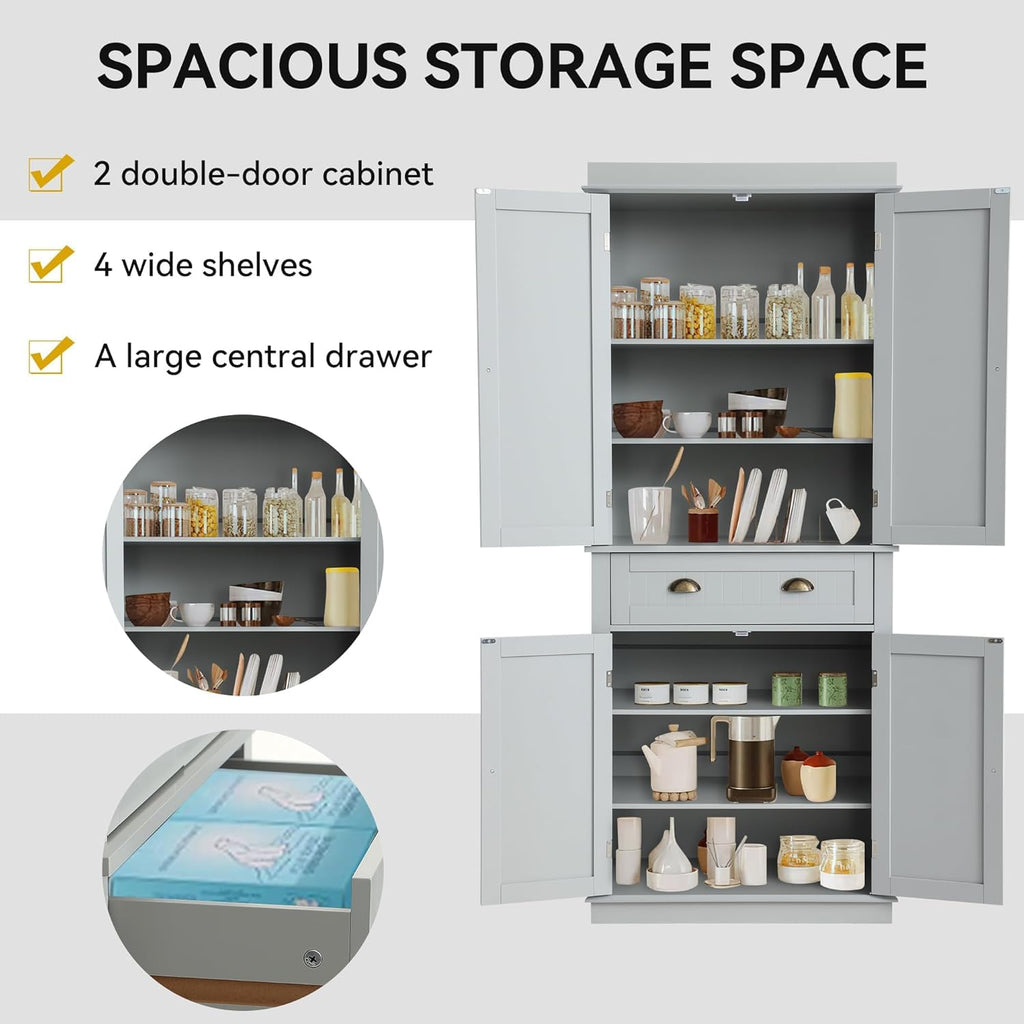 LOUVIXA 72" Kitchen Pantry Storage Cabinet, Freestanding Cupboard with 2 Cabinets, Drawer and Adjustable Shelves, Tall Storage Cabinet for Kitchen, Dinning Room, Living Room (White)