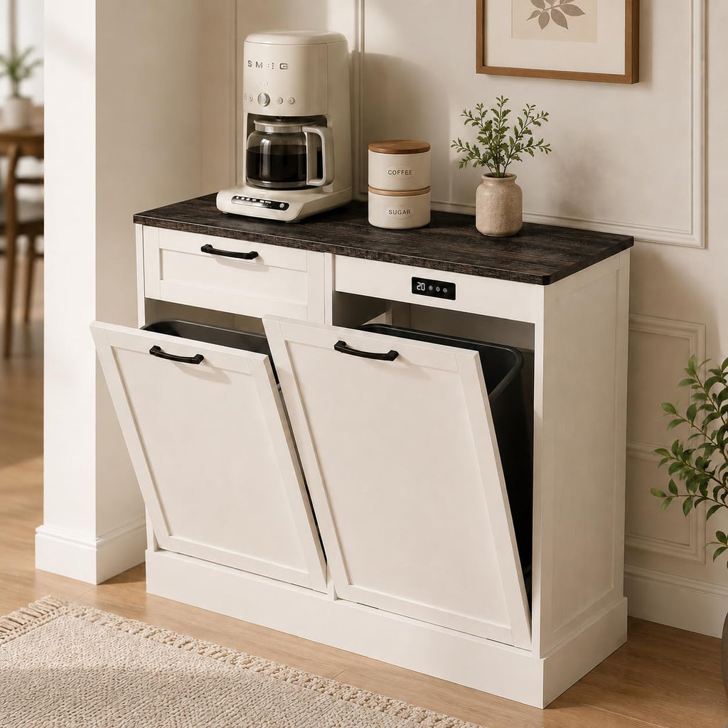 LOUVIXA Double Tilt Out Trash Cabinet, Kitchen Island with Trash Storage, Trashcan Cabinet for Kitchens, Wood Cabinet with Trash Can Pull Out, Dog Proof Trash Can (Off White, 20 Gal)