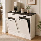 LOUVIXA Double Tilt Out Trash Cabinet, Kitchen Island with Trash Storage, Trashcan Cabinet for Kitchens, Wood Cabinet with Trash Can Pull Out, Dog Proof Trash Can (Off White, 20 Gal)
