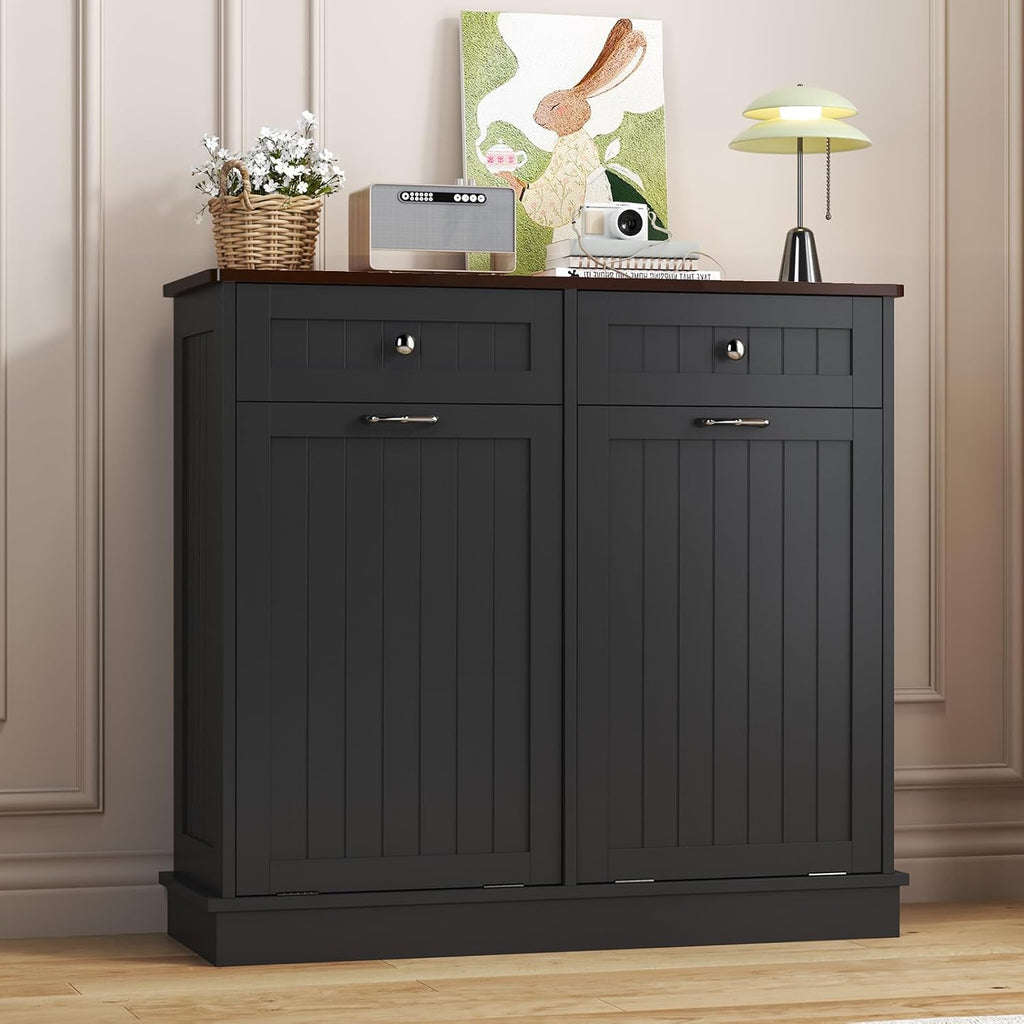 LOUVIXA Tilt Out Trash Can Cabinet Dog Proof with Double Wood Hidden Trash Can Holder, Kitchen Free Standing Recycling Cabinet（Black）