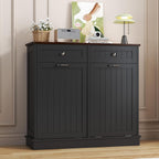 LOUVIXA Tilt Out Trash Can Cabinet Dog Proof with Double Wood Hidden Trash Can Holder, Kitchen Free Standing Recycling Cabinet（Black）