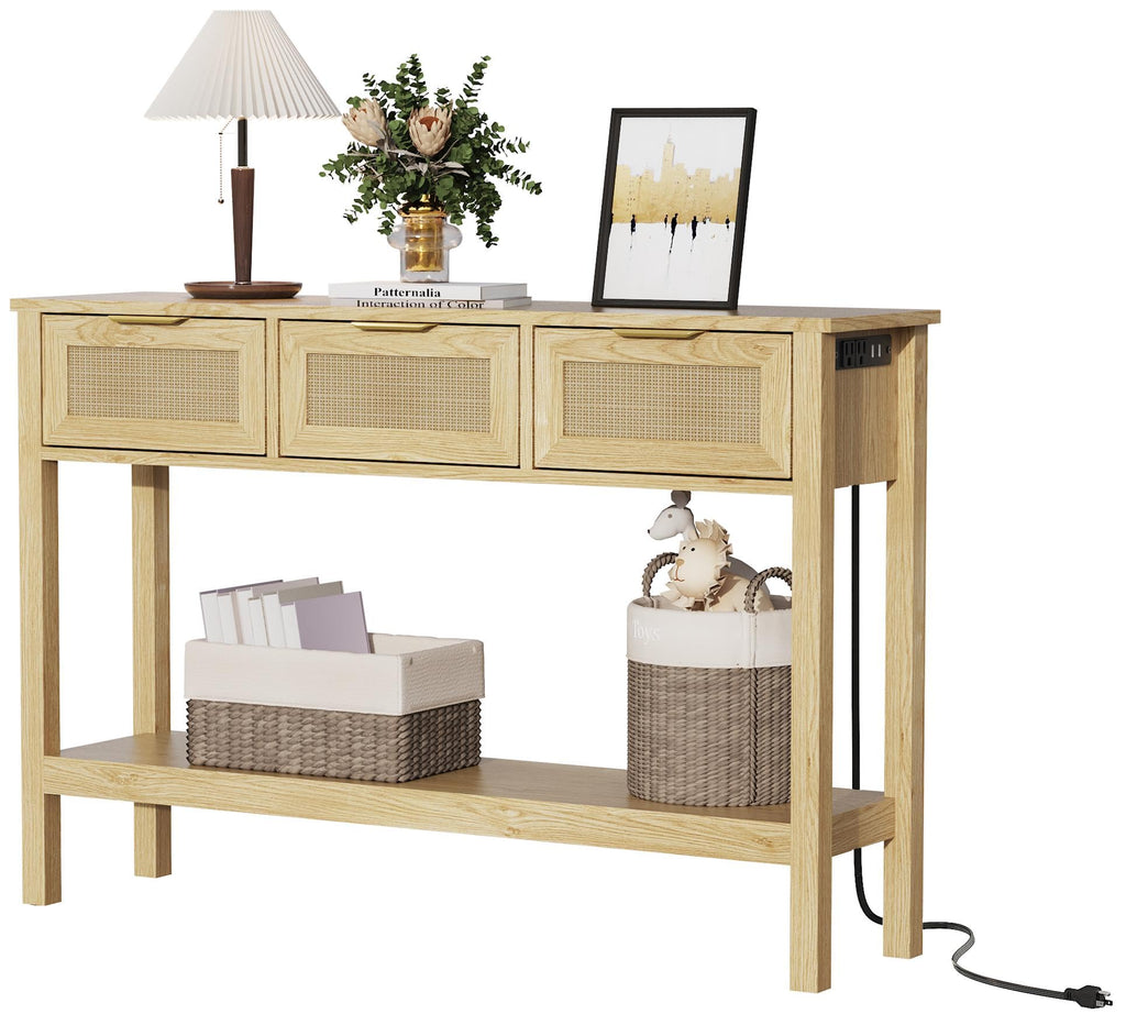 LOUVIXA Boho Entryway Table, Rattan Console Table, Wood Entryway Console, Long Hallway Table with 3 Drawers & Open Shelf for Living Room, Hallway, Corridor, Foyer (White)