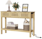 LOUVIXA Boho Entryway Table, Rattan Console Table, Wood Entryway Console, Long Hallway Table with 3 Drawers & Open Shelf for Living Room, Hallway, Corridor, Foyer (White)