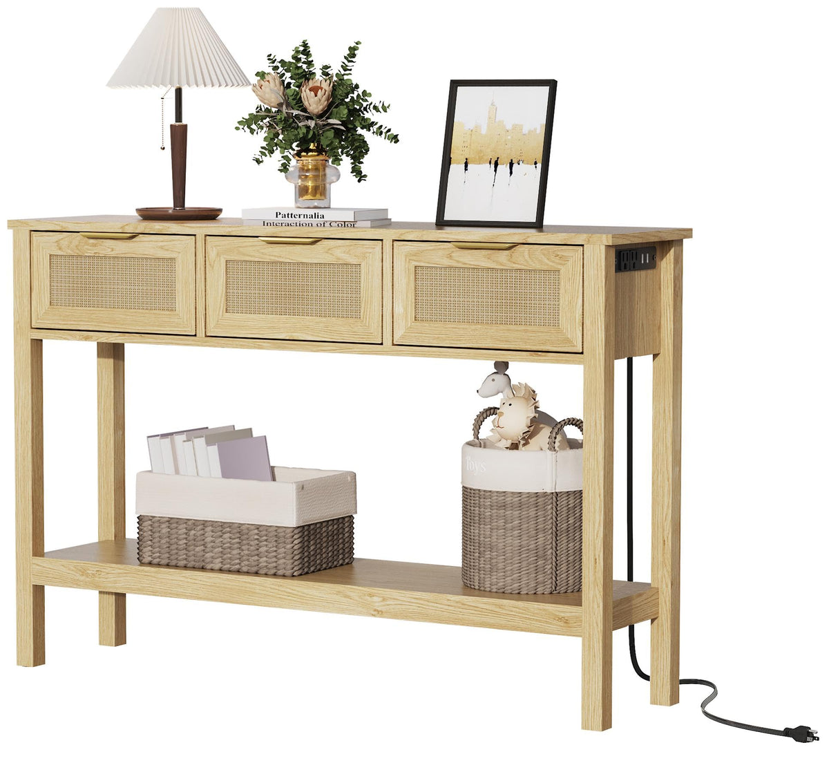 LOUVIXA Boho Entryway Table, Rattan Console Table, Wood Entryway Console, Long Hallway Table with 3 Drawers & Open Shelf for Living Room, Hallway, Corridor, Foyer (White)