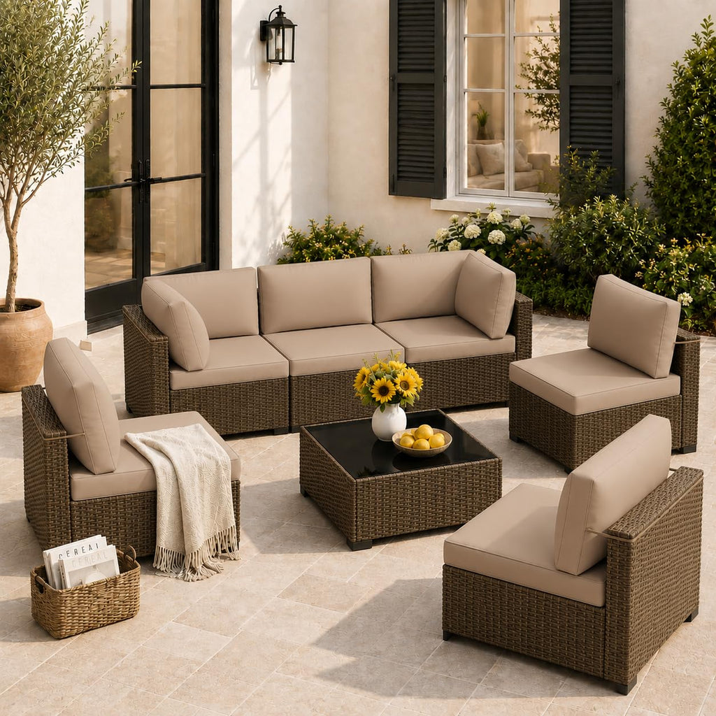 LOUVIXA 7 Piece Outdoor Patio Furniture Set, Rattan Chairs Glass Table Wicker Conversation Seating Sectional Sofa with Cushions (Brown-Camel, 7Pcs-2 Layer Coffee Table)