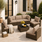 LOUVIXA 7 Piece Outdoor Patio Furniture Set, Rattan Chairs Glass Table Wicker Conversation Seating Sectional Sofa with Cushions (Brown-Camel, 7Pcs-2 Layer Coffee Table)
