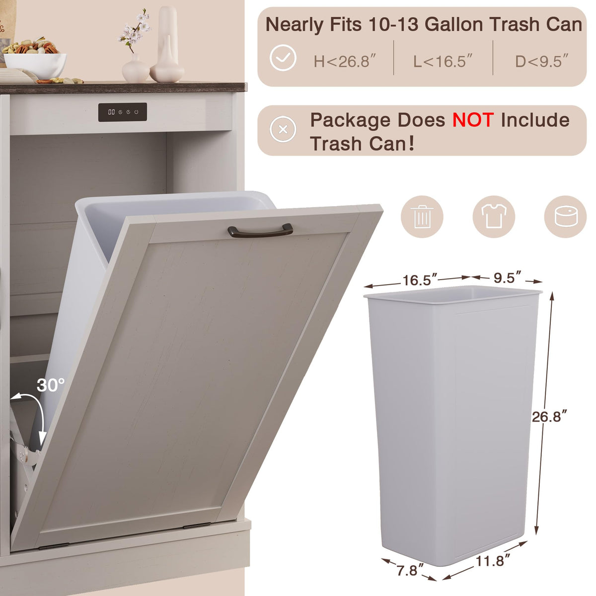 LOUVIXA Double Tilt Out Trash Cabinet, Kitchen Island with Trash Storage, Trashcan Cabinet for Kitchens, Wood Cabinet with Trash Can Pull Out, Dog Proof Trash Can (Off White, 20 Gal)