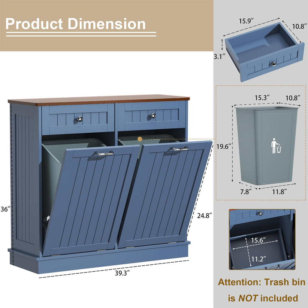 LOUVIXA Tilt Out Trash Can Cabinet Dog Proof with Double Wood Hidden Trash Can Holder, Kitchen Free Standing Recycling Cabinet（Black）
