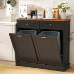 LOUVIXA Tilt Out Trash Can Cabinet Dog Proof with Double Wood Hidden Trash Can Holder, Kitchen Free Standing Recycling Cabinet（Black）