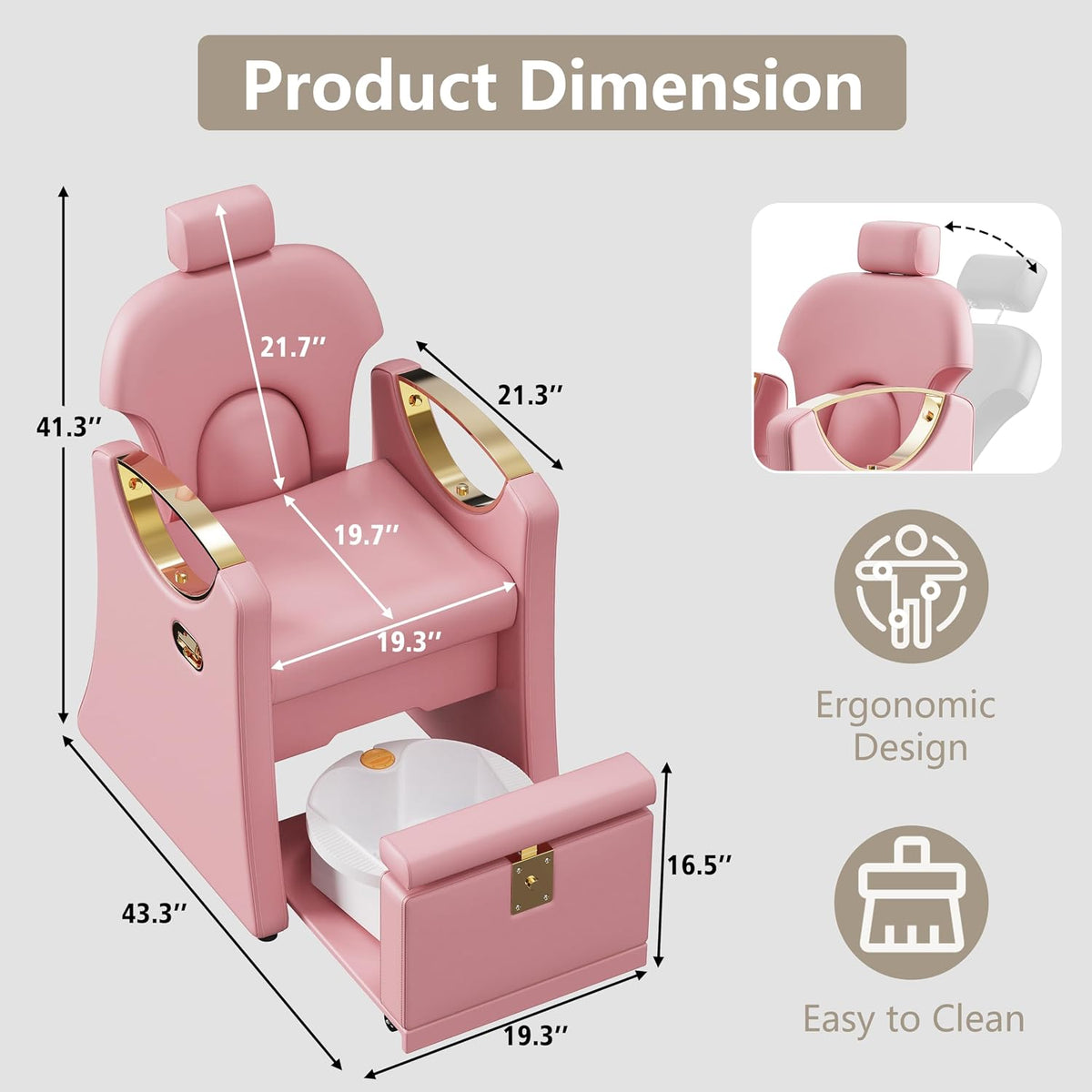 LOUVIXA Pedicure Station for Nail Tech, Reclining Pedicure Chair with Massage Foot Bath, No Plumbing Pedicure Station Unit (Sweet Pink)