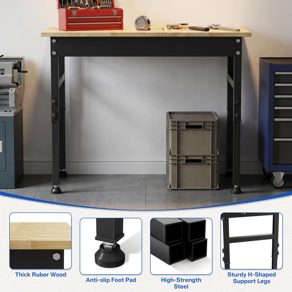 94.5" Heavy Duty Workbench, Height Adjustable Garage Work Table, Workstation Desk with Power Strip2, Workbench with Pegboard, 2000LBS Max Load