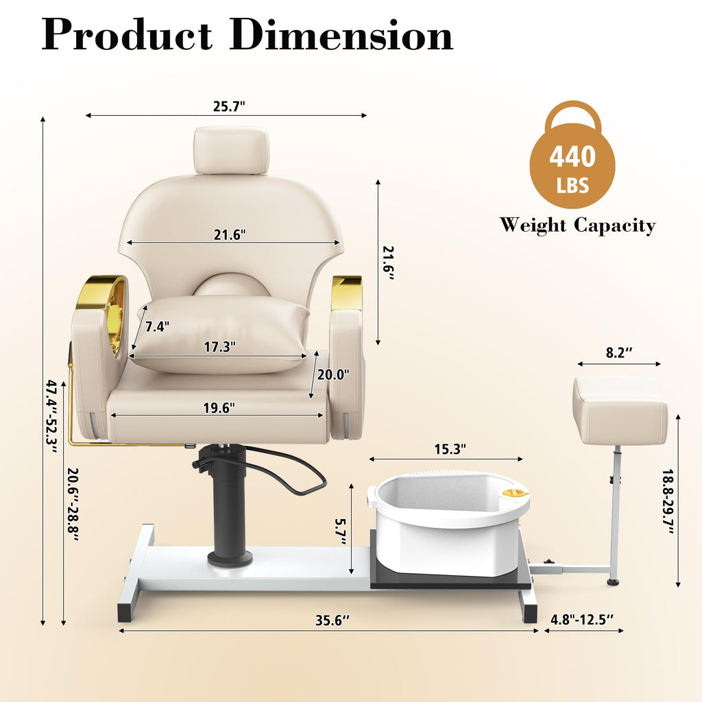 LOUVIXA Pedicure Station No Plumbing, Hydraulic Pedicure Chair for Nail Tech, Height Adjustable Reclining Pedicure Station Unit, with Massage Foot Bath (Cream White-Pillow)