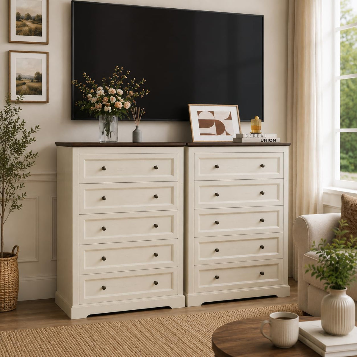 LOUVIXA Farmhouse Dresser 9 Drawer, Bedroom Chest of Drawers, Dressers with 9 Drawers, Wooden Dressers for Bedroom, Living Room, Tv Stand, Entryway(Rustic Yellow)