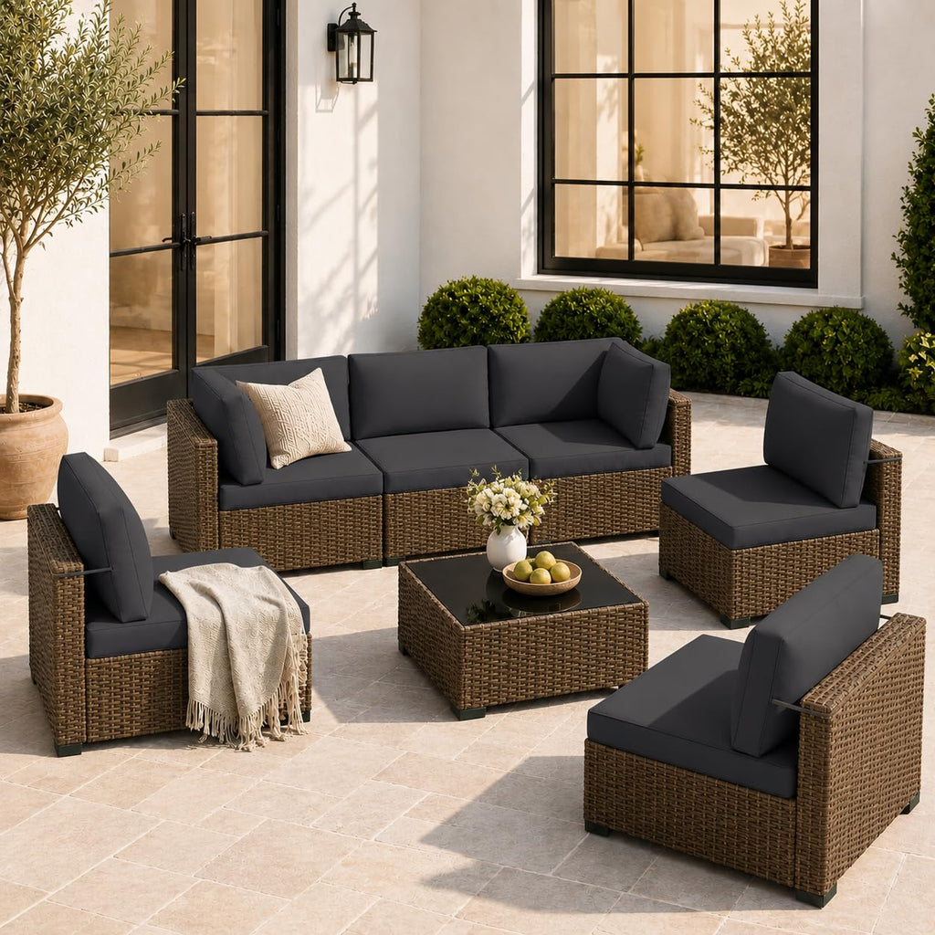 LOUVIXA 7 Piece Outdoor Patio Furniture Set, Rattan Chairs Glass Table Wicker Conversation Seating Sectional Sofa with Cushions (Brown-Camel, 7Pcs-2 Layer Coffee Table)